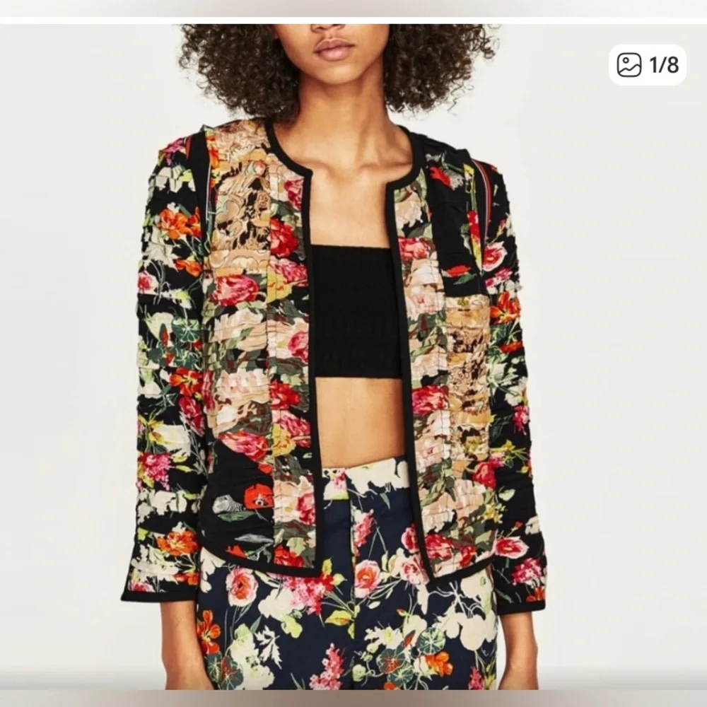Zara Floral Patchwork Black Multicolor Blazer Jacket - Picture 1 of 9